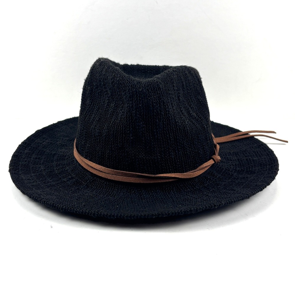 Knit Fedora Hat Womens OS Black Wide Brim Boho Western Festival Beach Summer‎